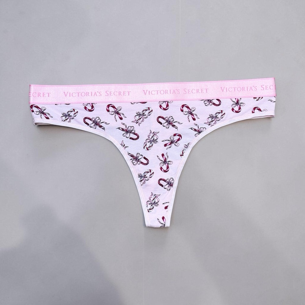Victoria's Secret Womens XL Pink Candy Cane Thong Panties Logo Waistband NWOT